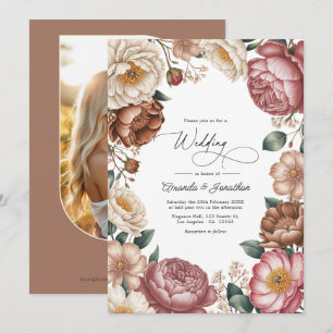 Mocha, Cream und Dusty Rose Florale Hochzeits-QR-C Einladung