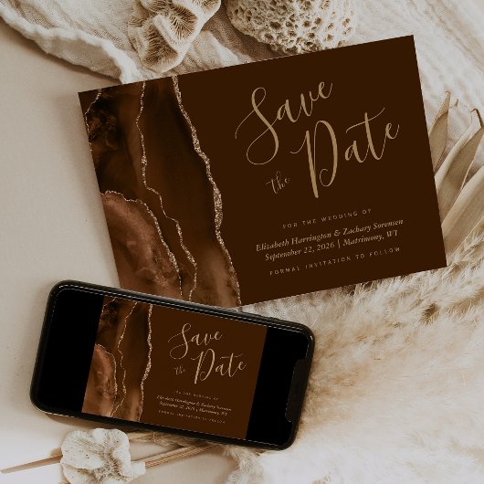Mocha Gold Agate Brown Save the Date Card Einladung