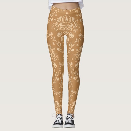 Mocha Latte Brown Damask Leggings (Vorderseite)