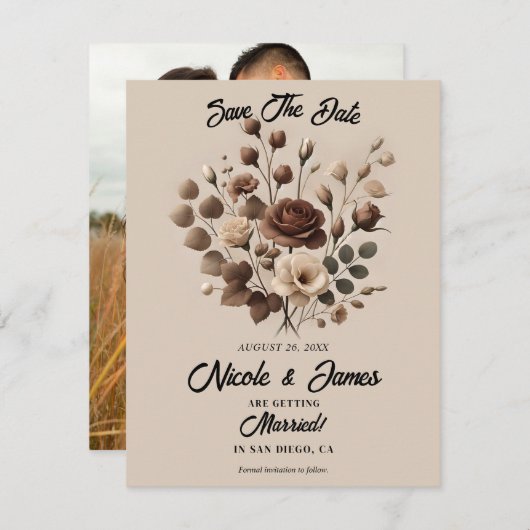 Mocha Mousse Beige Brown Floral Save the Date Einladung (Vorne/Hinten)
