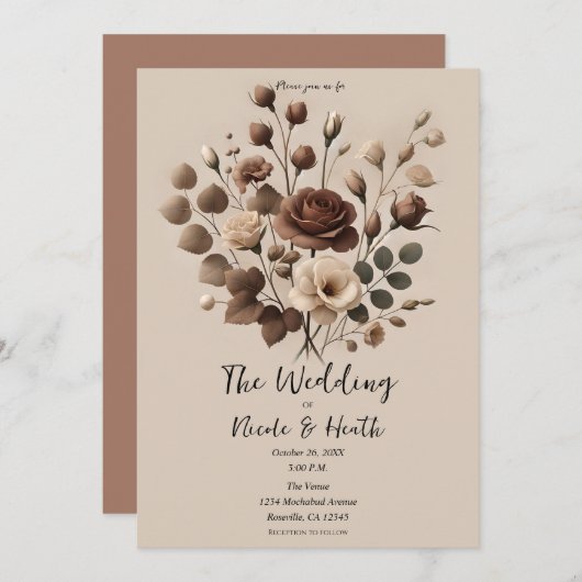 Mocha Mousse Beige Brown Floral Wedding Einladung (Vorne/Hinten)