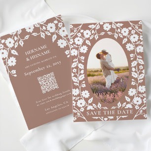 Mocha Mousse Foto QR Code Website Folk Floral Save The Date