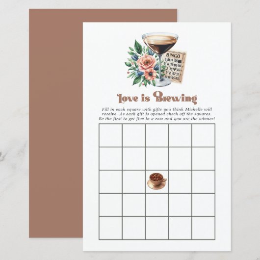 Mocha Mousse "Liebe is Brewing" Brautparty Bingo (Vorne/Hinten)