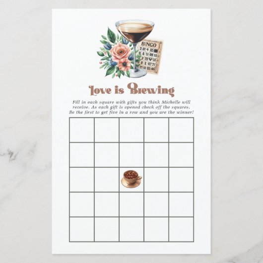 Mocha Mousse "Liebe is Brewing" Brautparty Bingo (Vorderseite)