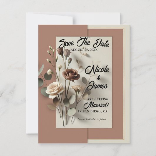 Mocha Mousse Modern Botanischer Blumenstrauß Save  Einladung (Vorderseite)