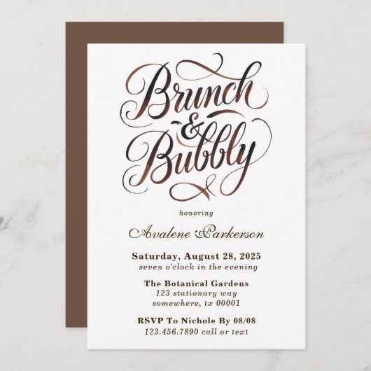 Mocha Mousse Paint Calligraphy Brunch & Bubbly Einladung (Vorne/Hinten)