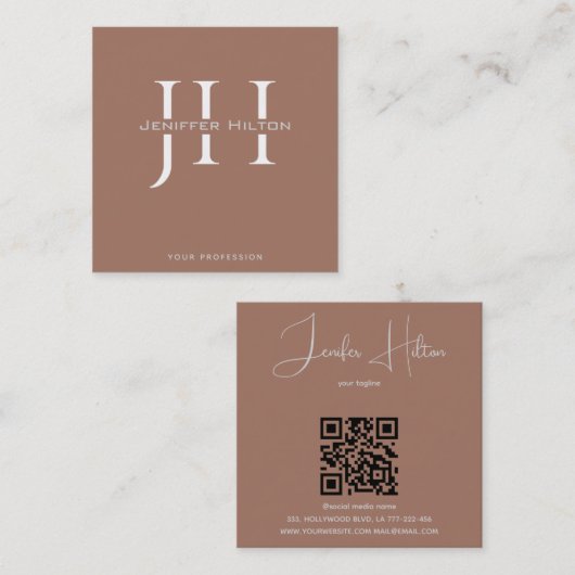 Mocha Mousse QR-Code minimalistisches Monogramm Quadratische Visitenkarte (Vorne/Hinten)