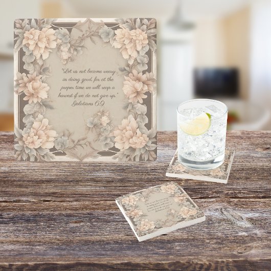 Mocha Peach Floral Frame Bibel Verse Steinuntersetzer