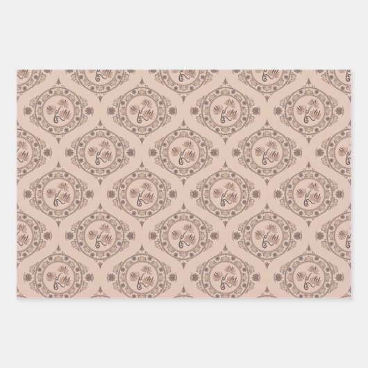 Mocha Rokoko Revival Lotus Mandala Mid Mod Ogee Geschenkpapier Set (Vorderseite)