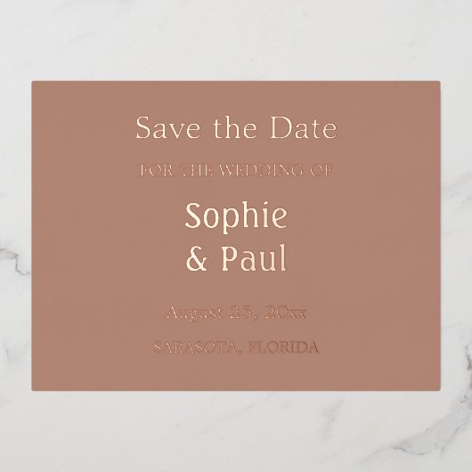 Mocha Save the Date Foil Einladung Postkarte (Vorderseite)