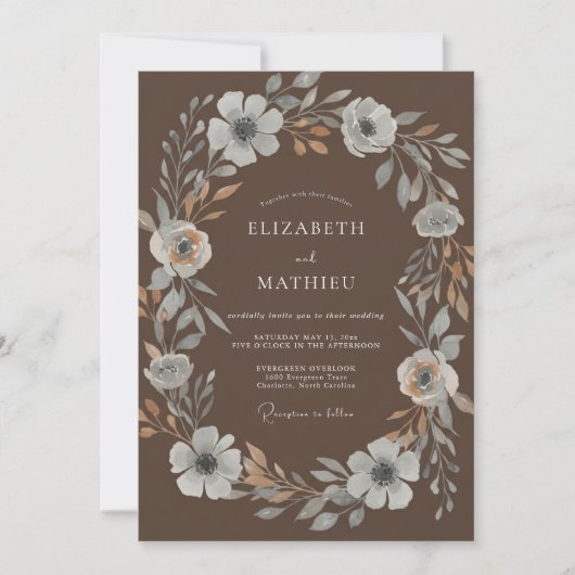 Mocha Silber Kranz Hochzeit Einladung (Vorderseite)