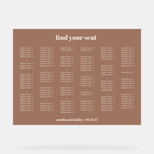 Mocha Simple Wedding Chart Alphabetisch Acrylschild (Vorderseite)