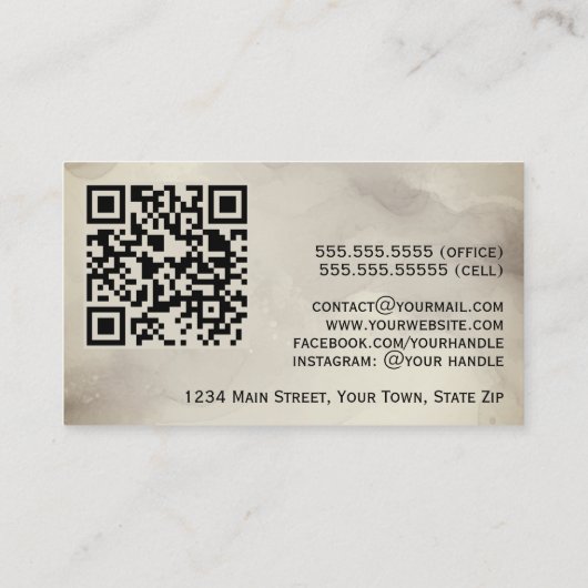 Mocha Taupe Abstrakte Wasserfarbe & Gold QR Code Visitenkarte (Rückseite)