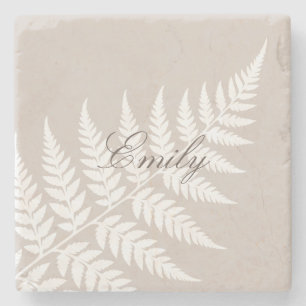 Mocha Taupe White Fern Elegante Schriftname Steinuntersetzer