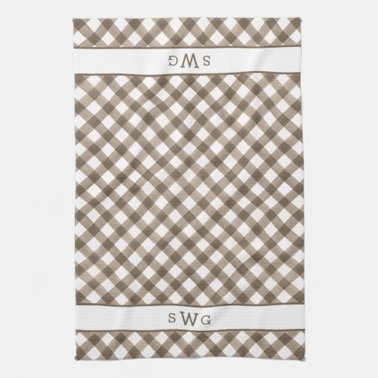 Mocha & White Buffalo Kariert drei erste Monogramm Geschirrtuch (Vertikal)
