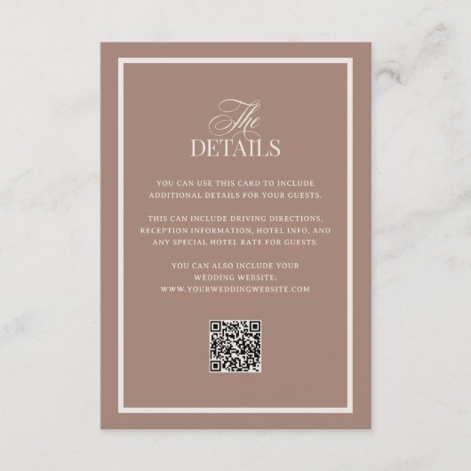 Mocha with Border | QR Code Wedding Guest Details Begleitkarte (Vorderseite)