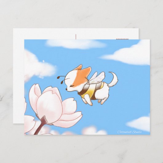 Mochi Bee Niedlich Welpe Riechen der Blume Sakura Postkarte (Vorne/Hinten)