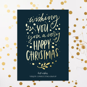 Möchten Sie frohe Weihnachten Blue Gold Script Bus Folien Feiertagskarte