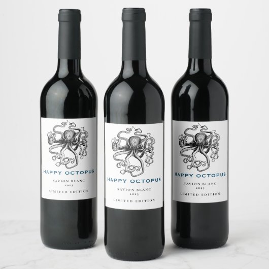 Mockup Happy Octopus Fun Custom Wine Labels Weinetikett (Flaschen)
