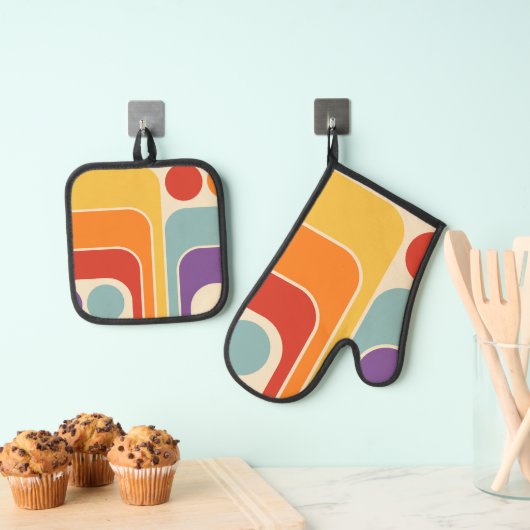 Mod 1970s Retro Style Geometric Design Ofenhandschuh & Topflappen-Set (Insitu (Hängend))