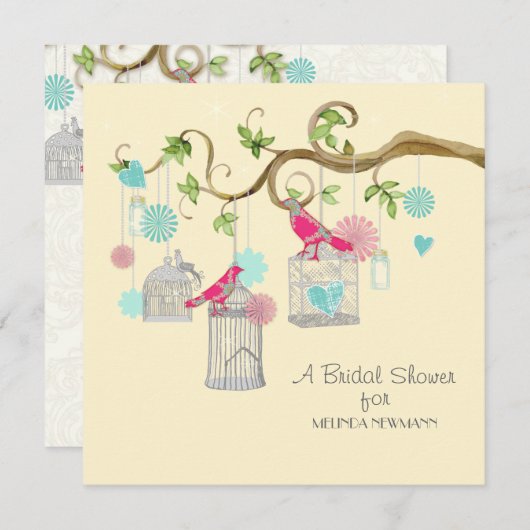 Mod Bird Cage Mason Jar Floral Swirl Baumzweig Einladung (Vorne/Hinten)