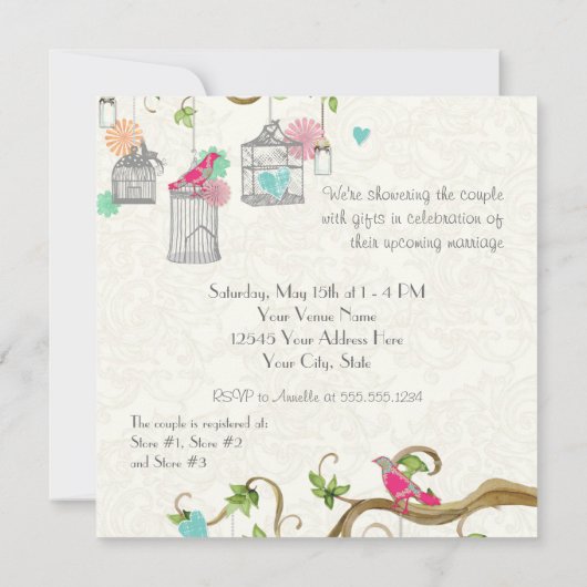 Mod Bird Cage Mason Jar Heart Floral Brautparty Einladung (Rückseite)