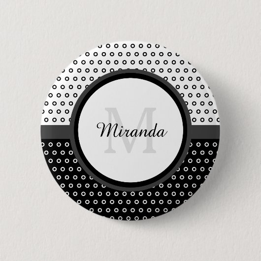 Mod Black and White Polka Dots Monogramm mit Name Button (Vorderseite)