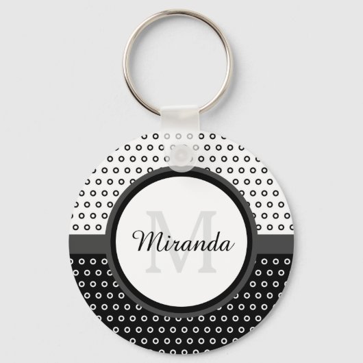 Mod Black and White Polka Dots Monogramm mit Name Schlüsselanhänger (Vorderseite)