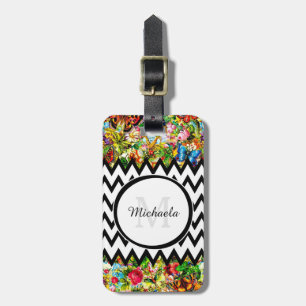 Mod Black Zickzack Vintag Floral Monogramm und Nam Gepäckanhänger