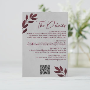 Mod Blätter Burgund Gray Wedding Details QR Code Begleitkarte