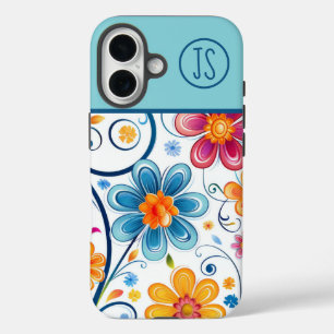 Mod Blau, Rosa, gelbe Blumen Mit Monogramm iPhone 16 Hülle