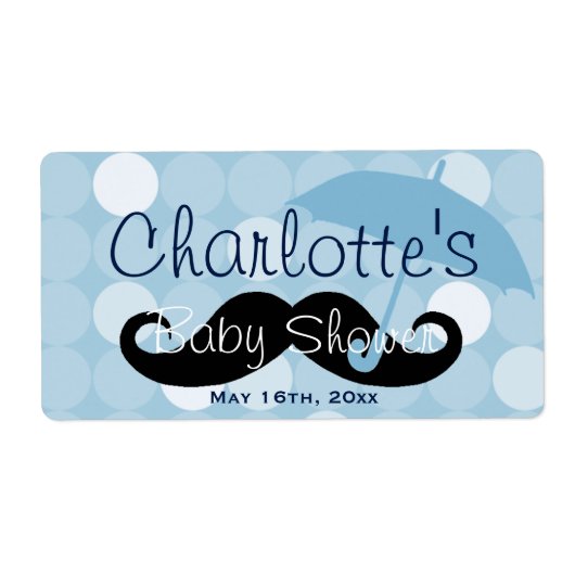 Mod Blue Dot Mustache Baby Dusche Wasser Flasche (Vorne)