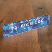 Mod Blue Geometric Muster Personalisiert Teacher's Namensplakette (Seite)