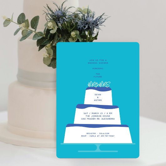 Mod Blue Iced Wedding Cake Couple Dusche Einladung