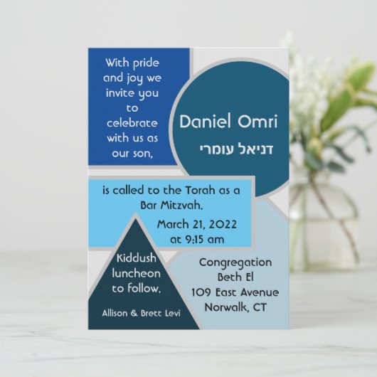 Mod Blue Shapes - Einladung (Stehend Vorderseite)