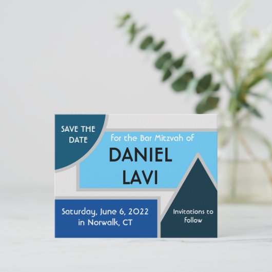 Mod Blue Shapes Save the Date Postcard II Postkarte (Stehend Vorderseite)
