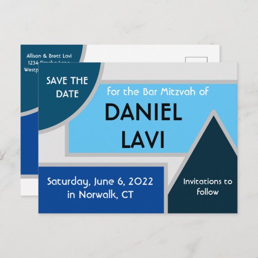 Mod Blue Shapes Save the Date Postcard II Postkarte (Vorne/Hinten)