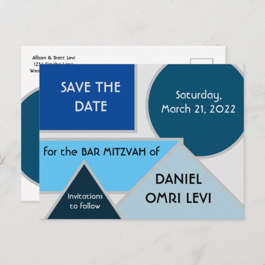 Mod Blue Shapes Save the Date Postcard Postkarte (Vorne/Hinten)