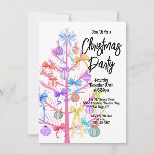 Mod Bow Pink Weihnachtsbaum Party Einladung (Vorderseite)