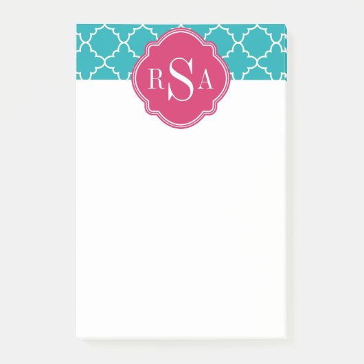 Mod Bright Blue Trellis Pink Monogram Post-it Klebezettel (Vorderseite)