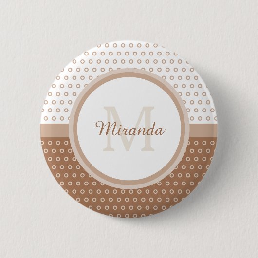 Mod Brown and White Polka Dots Monogram with name Button (Vorderseite)