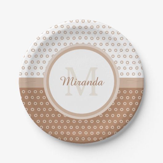 Mod Brown and White Polka Dots Monogram with name Pappteller (Vorderseite)