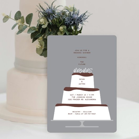 Mod Chocolate Iced Wedding Cake Couple Dusche Einladung