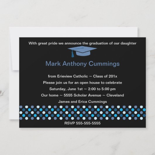 Mod Dots Graduation Cap Invitation (blau) Einladung (Vorderseite)