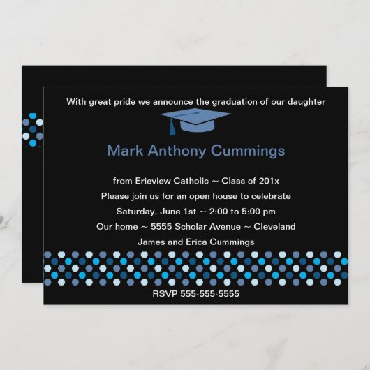 Mod Dots Graduation Cap Invitation (blau) Einladung (Vorne/Hinten)