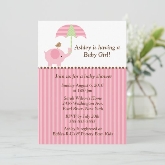 Mod-Elefant-Regenschirm-Baby-Mädchen-Dusche Einladung (Stehend Vorderseite)