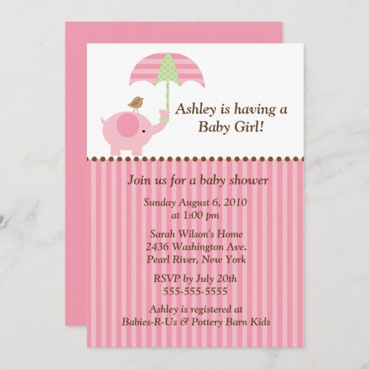 Mod-Elefant-Regenschirm-Baby-Mädchen-Dusche Einladung (Vorne/Hinten)