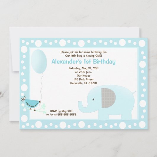 Mod Elephant Jungle Dot 12x18 Birthday Invite Blue Einladung (Vorderseite)