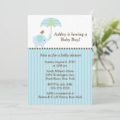 Mod Elephant Umbrella Boy Baby Dusche Einladung (Stehend Vorderseite)