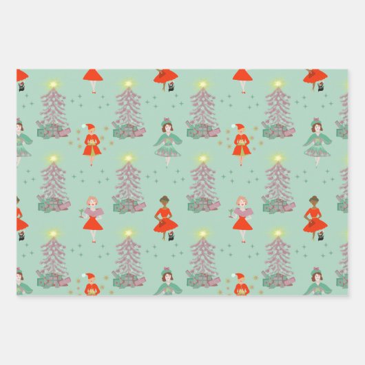 Mod-Frauen aus der Mitte des Jahrhunderts retrendi Geschenkpapier Set (Vorderseite)